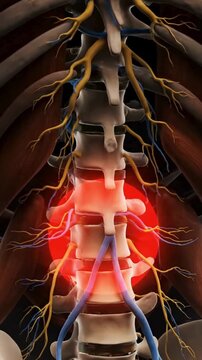 Detailed 3d rendering of human lumbar spine anatomy highlighting lower back pain and radiating nerve compression in a medical context