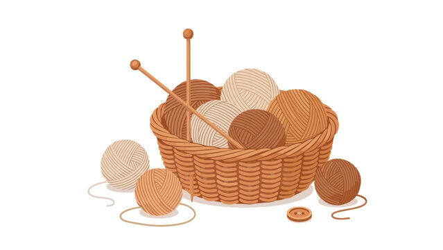 A woven basket overflows with colorful balls of yarn and knitting needles, suggesting a cozy crafting hobby and handmade textiles.