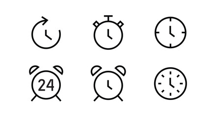 Time Management icon set To Do List, Timer, Speed, Alarm, Restore, Time, 24 hour clock, Calendar outline icons vector symbol logo illustration line editable stroke on  white 