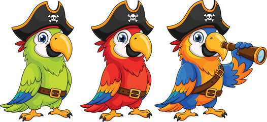 Cute Cartoon Pirate Parrot Illustration Set Featuring Colorful Tropical Bird Characters Wearing Pirate Hats for Kids, Mascot, Adventure, and Fun Design Projects