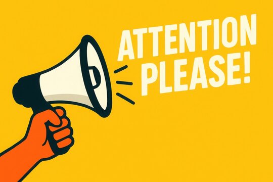 Attention please promotional megaphone banner with bold bright clean modern alert graphic style