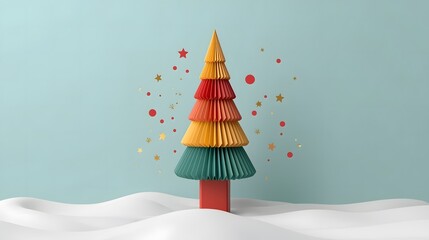Minimalist Paper Craft Christmas Tree Illustration on Snow