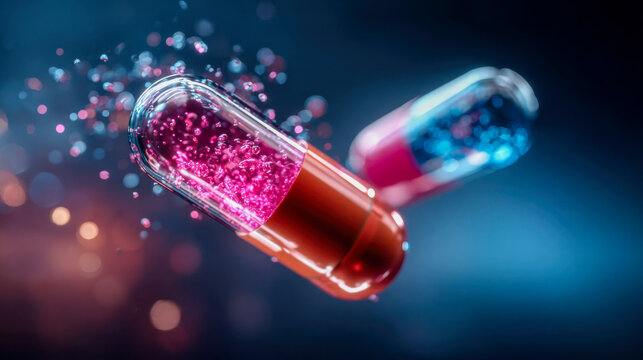 Vibrant pharmaceutical capsules and pills floating in mid-air against a colorful background, symbolizing modern medicine, supplements, and healthcare innovation