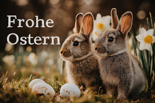 Two fluffy rabbits sit among blossoms beside decorated eggs with Frohe Ostern.