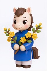 Cute chibi horse wearing blue Vietnamese &aacute;o d&agrave;i, holding branch of mai v&agrave;ng, gentle smiling face, glossy toy figurine style, isolated on pure white background.