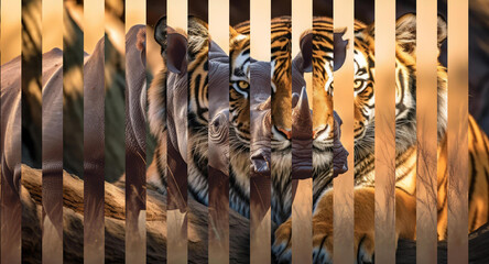 The image features two prominent animals, a rhinoceros and a tiger, depicted in an artistic and abstract manner through vertical lines