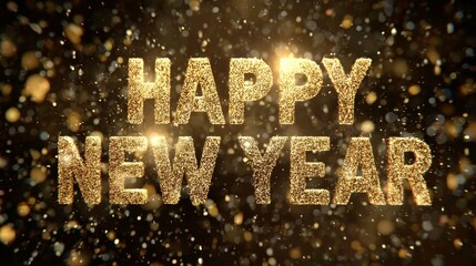 Sparkling Gold Happy New Year Greetings with Bokeh Lights and Golden Dust.