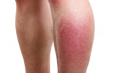 Red rash showing symptoms of cellulitis affecting a woman's leg, isolated on transparent background, ideal for medical and healthcare publications