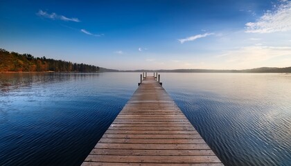 Naklejka premium wooden dock on calm water serene wooden dock extends into tranquil water wooden serene wooden dock extends into tranquil water