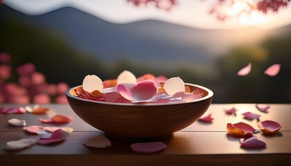 petals in bowl on table bowl of petals rests on table surface petals in bowl on bowl of petals rests on table surface