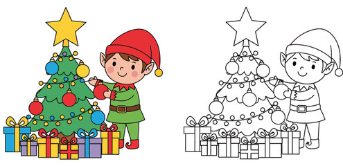 Cute Christmas Elf Decorating Tree with Gifts Vector Illustration and Coloring Book Page Outline