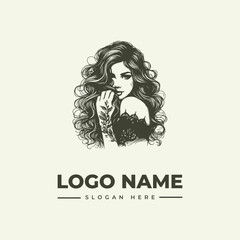 A monochromatic illustration of a woman with long curly hair and a tattoo on her arm, with a logo name and slogan on a plain background, in a vector graphic style.