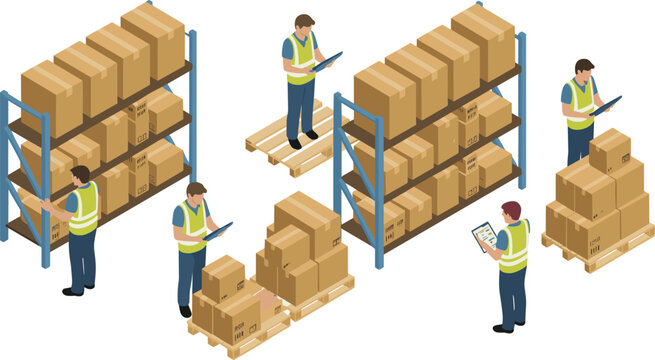 Isometric warehouse logistics illustration showing workers managing inventory boxes on shelves pallets, supply chain operations, storage distribution, fulfillment center concept