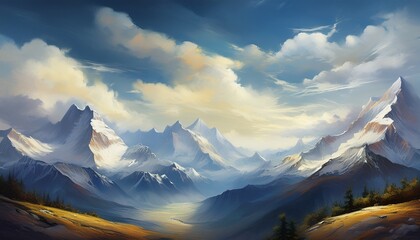 majestic mountain range painting serene landscape depicts snowy peaks under cloudy sky