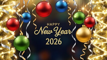 Happy New Year 2026 with Christmas Ornaments and Golden Ribbons - Festive Holiday Celebration Background with Sparkling Lights