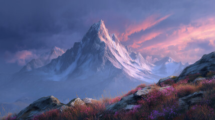 Alpenglow on a towering mountain peak with vibrant foreground vegetation