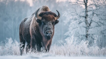 Majestic Bison Portrait Winters Cold Embrace in Misty Forest.
