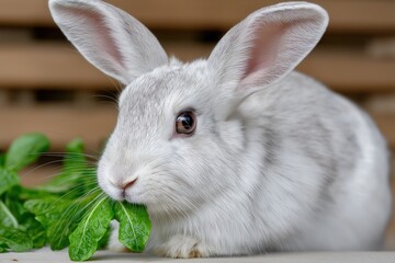 Obraz premium A fluffy white rabbit is sitting calmly while nibbling on fresh green leaves. Adorable pet animal concept.