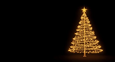 Sparkling Star Christmas Tree on Black Background with Copy Space Holiday Banner