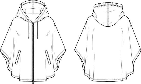 Hooded poncho technical sketch, front and back view, fashion design, garment illustration, zipper pockets, vector template, apparel construction