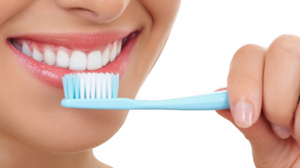 Close up of perfect smile showing white teeth being brushed with a yellow toothbrush with blue and white bristles and toothpaste on a transparent background