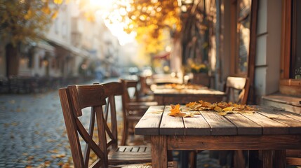 Cozy European Autumn Caf&eacute; Exterior with Golden Leaves, Warm Morning Light and Copy Space