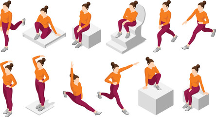 Isometric woman character poses set showing walking sitting jumping gestures, daily activities, female animation frames, modern lifestyle illustration collection
