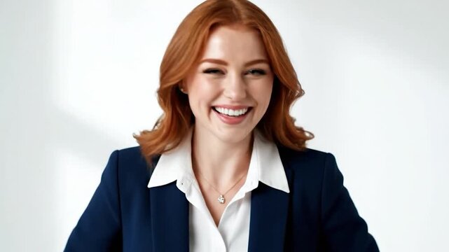 Redhead woman in blazer with contagious wide smile, against white backdrop
