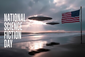 Illustration of national science fiction day with ufos flying over american flag on beach at sunset