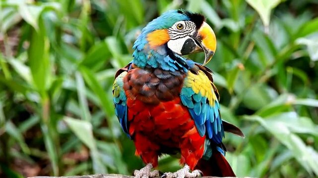 Colorful parrot perched on a branch against green foliage background