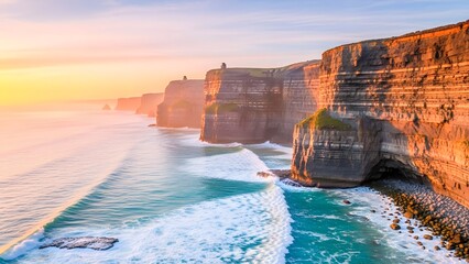 Cliffs of Moher at Sunset with Golden Light, Ocean Waves and Dramatic Irish Coast