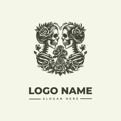 A vector illustration of two skulls with flowers and leaves in a symmetrical design, forming a logo with a placeholder name and slogan on a plain background.