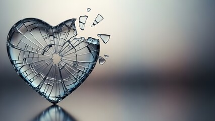 Shattered glass heart with radiating cracks and fragments, symbolizing emotional pain, heartbreak, and fragility against a soft blurred background.