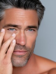 Obraz premium Handsome man with gray hair and blue eyes gently touching his face. Skincare and grooming concept.