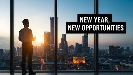 Businessperson in high-rise office at sunset, holding tablet, with bold text "NEW YEAR, NEW OPPORTUNITIES"&mdash;symbolizing ambition, reflection, and fresh beginnings.