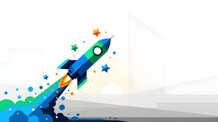 Colorful rocket launches with vibrant trail and stars, symbolizing innovation, ambition, and new beginnings in a whimsical futuristic setting.