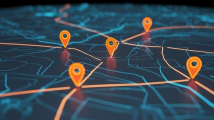 Digital map with glowing orange location pins connected by lines on a blue circuit board background