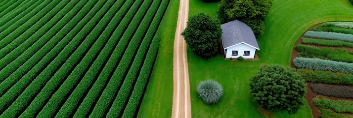 Ingelijste posters Groen Aerial view showcasing a rural landscape featuring neatly arranged green fields, a dirt road, and a small white house surrounded by trees. Serene countryside scenery.  © SerPak