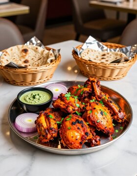 Delicious Indian tandoori chicken with fresh herbs and naan bread