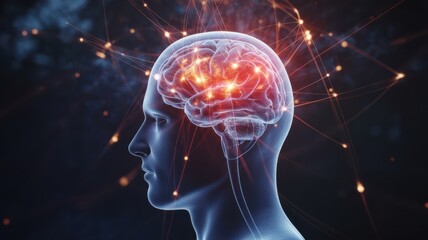 Digital of a glowing brain inside a translucent human head with neural connections