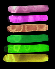 Bright painted rainbow watercolor strips. Hand drawn elements isolated on black background