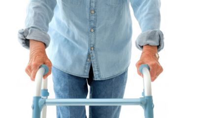 Senior man using a walker for support and mobility, promoting independent living and overcoming physical challenges in old age, with transparent background