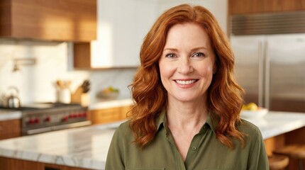 Smiling redhead woman in modern kitchen with warm atmosphere