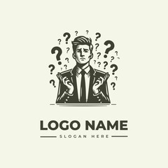 Vector illustration of a man in a suit with question marks around his head and a logo name text below on a beige background.