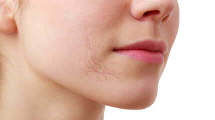 Obraz premium Close up of a woman's face highlighting broken capillaries on her cheek, a common skin concern, against a transparent background, ideal for beauty, health, and skincare projects