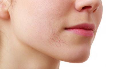 Close up of a woman's face highlighting broken capillaries on her cheek, a common skin concern, against a transparent background, ideal for beauty, health, and skincare projects