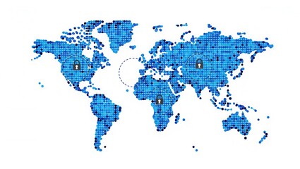 Fototapeta premium A stylized world map featuring lock icons, symbolizing global security and data protection. Ideal for technology and cybersecurity themes.