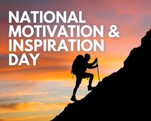 Illustration of silhouette of a person climbing a mountain on national motivation and inspiration day at sunset