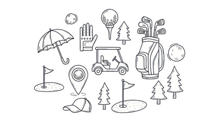 Golf equipment and course elements in a linear vector illustration style © Arif