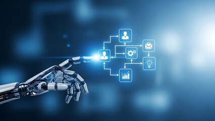 Robotic hand interacting with futuristic circuit board interface in a dark technological environment with neon blue glow